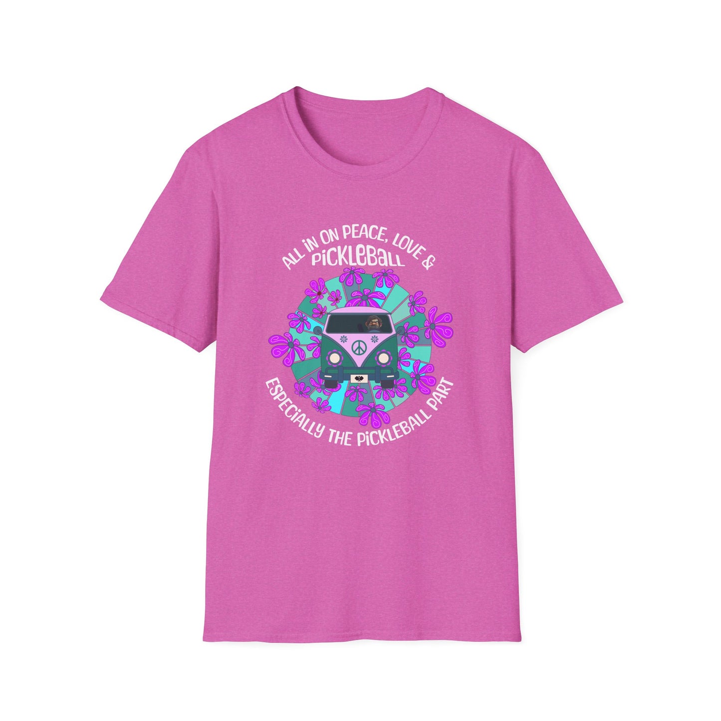 All In On Peace Love and Pickleball Shirt | Funny Pickleball Gift | Retro Hippie Van Tee | Pickleball Apparel
