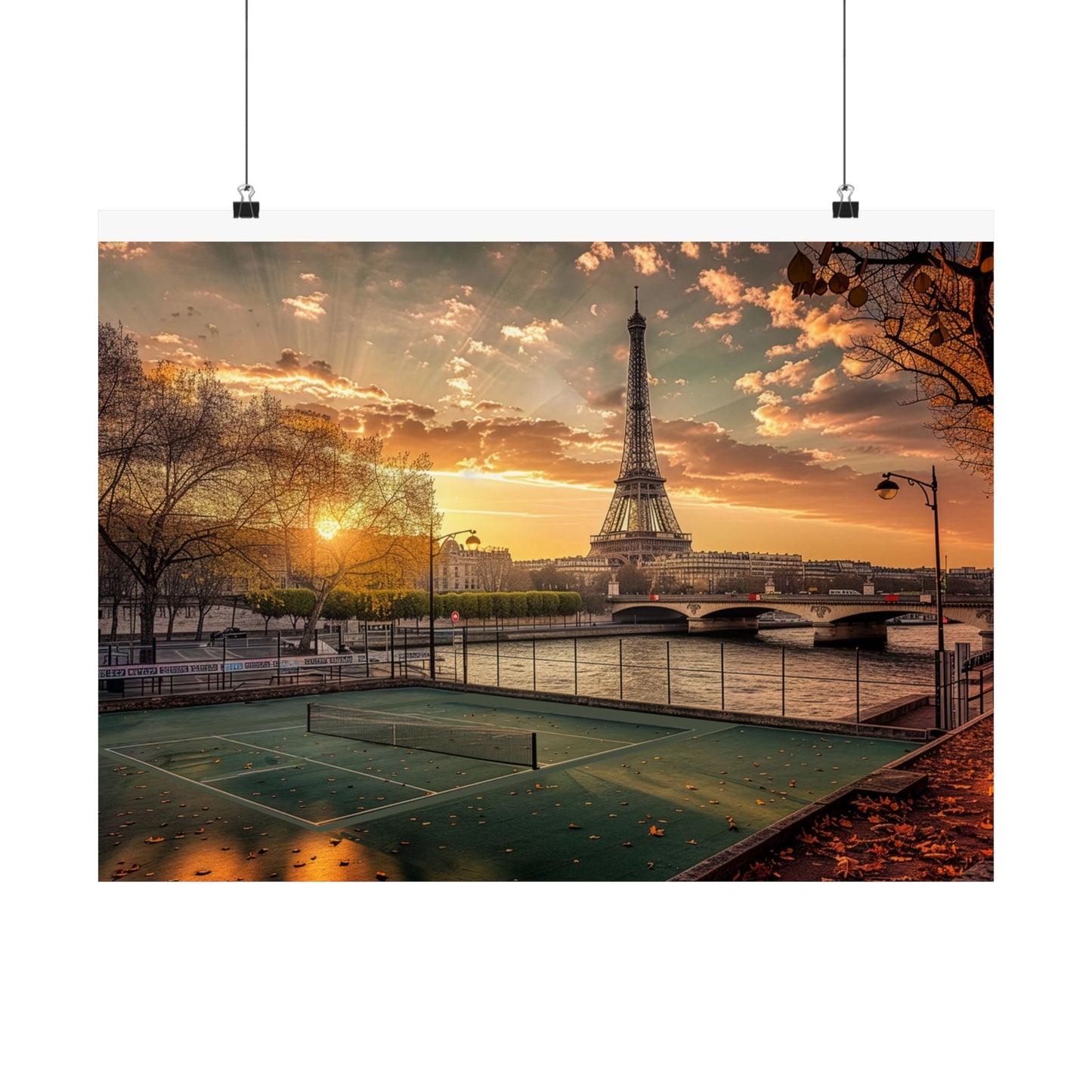 Pickleball in Paris Sunset Eiffel Tower Satin Poster — Vintage Riverbank Landscape Wall Art