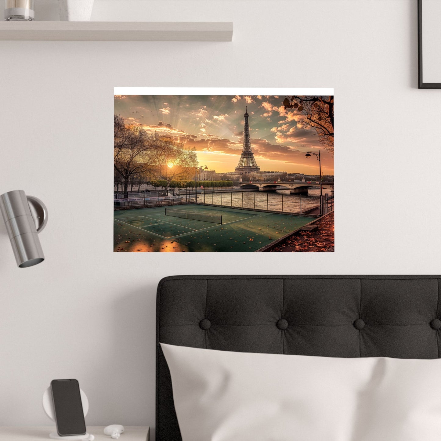 Pickleball in Paris Sunset Eiffel Tower Satin Poster — Vintage Riverbank Landscape Wall Art