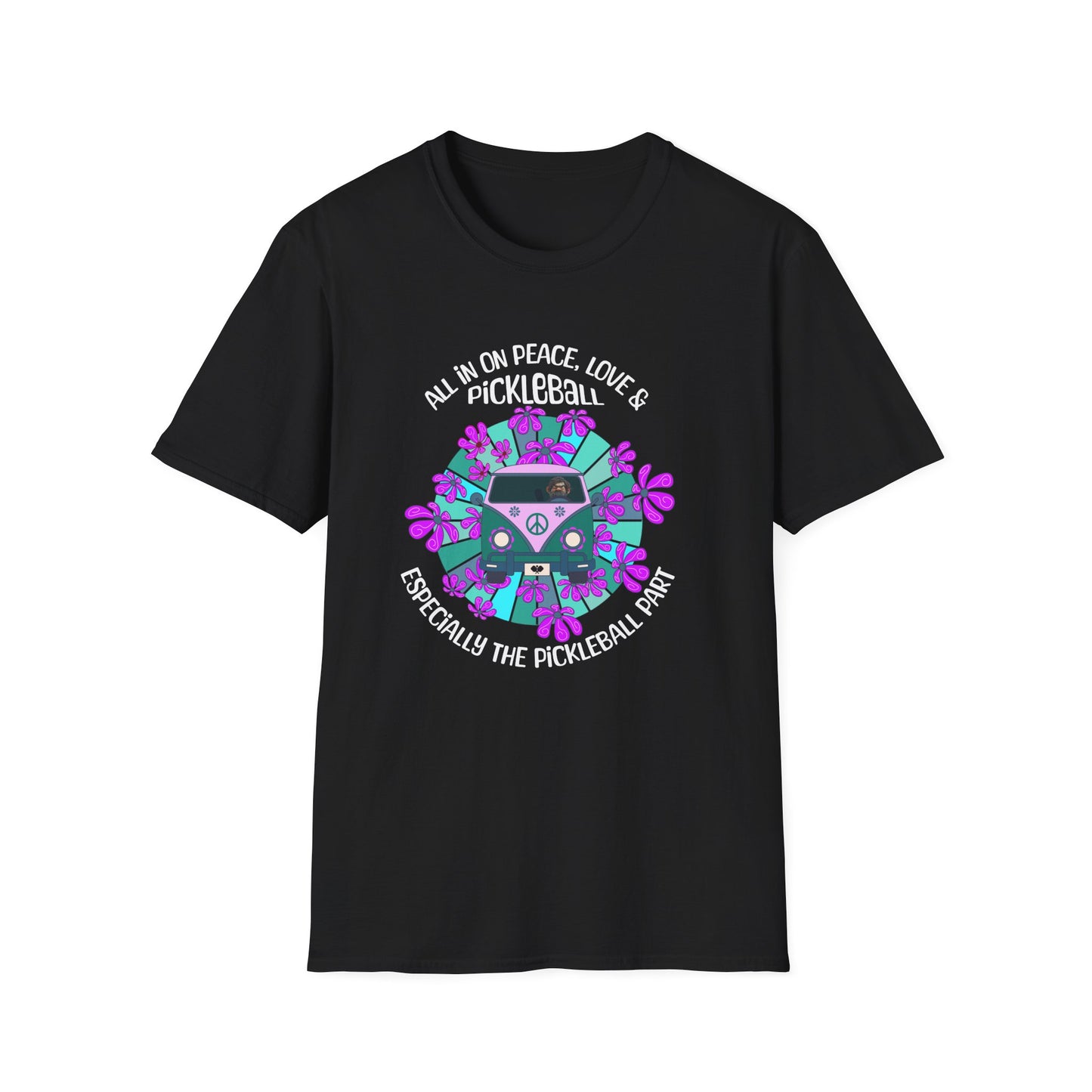 All In On Peace Love and Pickleball Shirt | Funny Pickleball Gift | Retro Hippie Van Tee | Pickleball Apparel