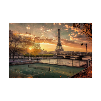 Pickleball in Paris Sunset Eiffel Tower Satin Poster — Vintage Riverbank Landscape Wall Art