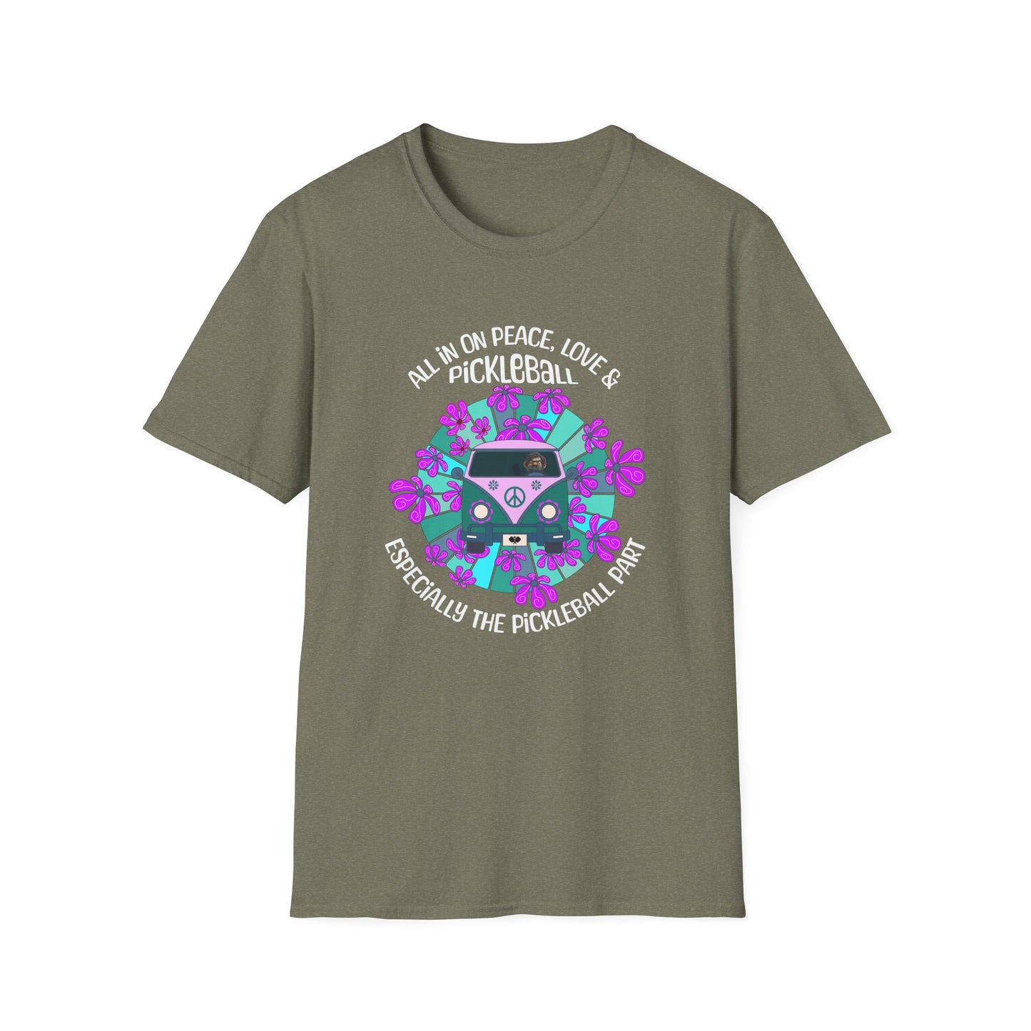 All In On Peace Love and Pickleball Shirt | Funny Pickleball Gift | Retro Hippie Van Tee | Pickleball Apparel