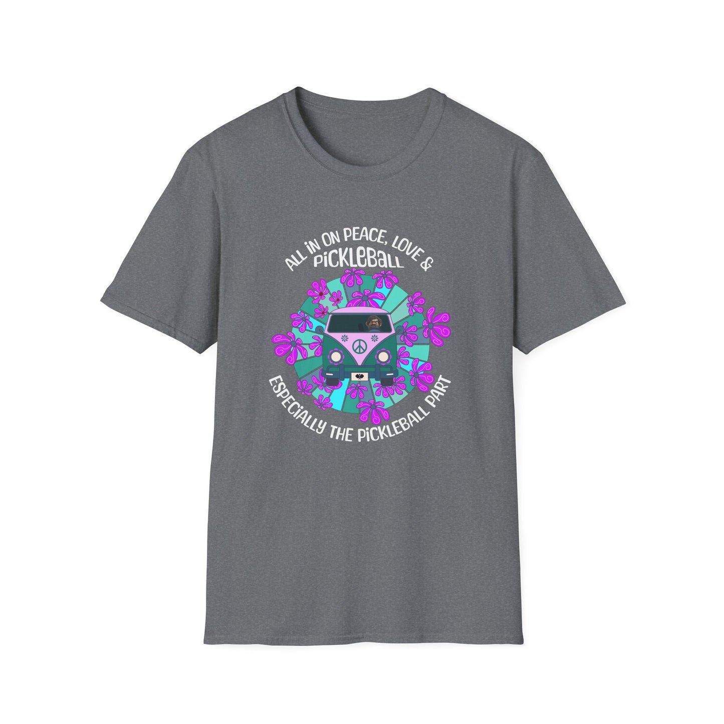All In On Peace Love and Pickleball Shirt | Funny Pickleball Gift | Retro Hippie Van Tee | Pickleball Apparel