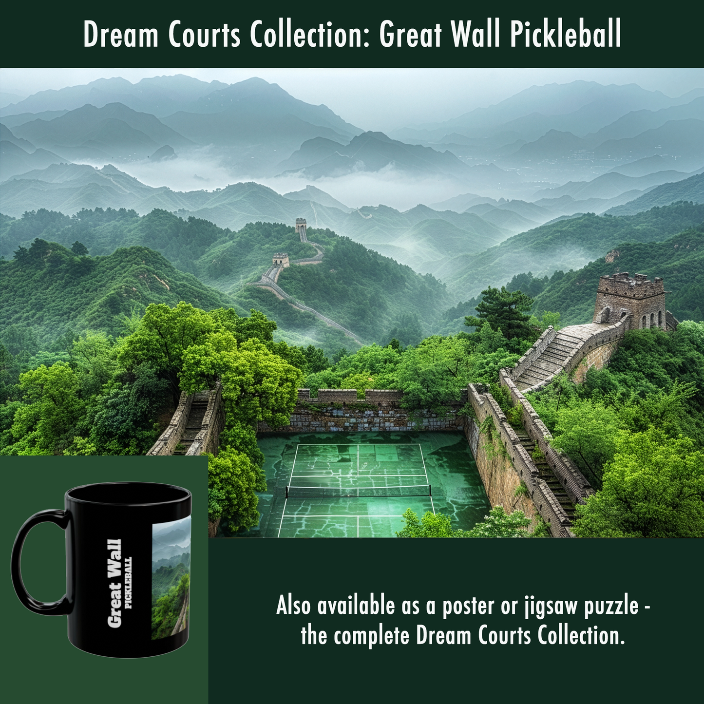 Pickleball Gifts — Great Wall Dream Court Mug, China & Misty Mountains