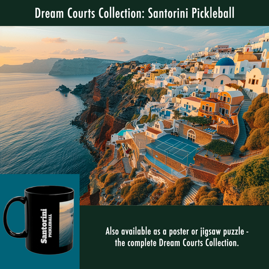 Pickleball Gifts — Santorini Dream Court Mug, Greek Islands & Aegean Sea